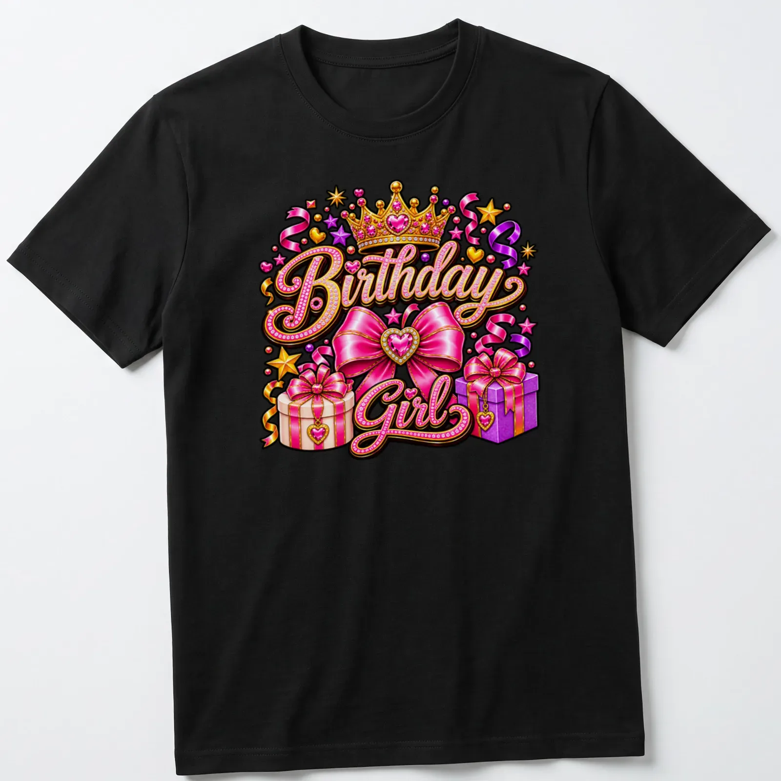 Colorful illustration of a pink crown with gifts and bows, text 'Birthday Girl' — printed on a unisex t-shirt