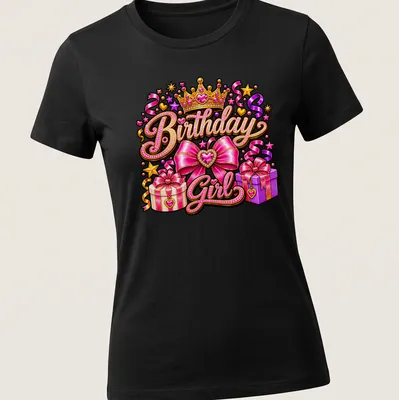 Colorful illustration of a pink crown with gifts and bows, text 'Birthday Girl' — printed on a women's shirt