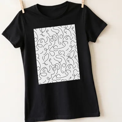 Abstract black and white line patterns in a minimalist design. — printed on a women's shirt