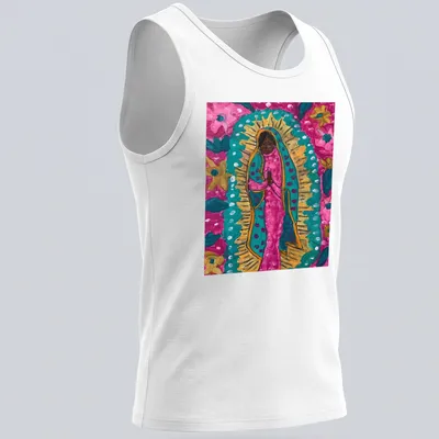 Vibrant floral print of the Black Madonna with colorful flowers. — printed on a tank top