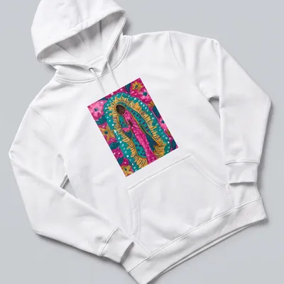 Vibrant floral print of the Black Madonna with colorful flowers. — printed on a unisex hoodie