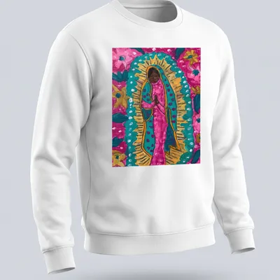 Vibrant floral print of the Black Madonna with colorful flowers. — printed on a unisex sweatshirt
