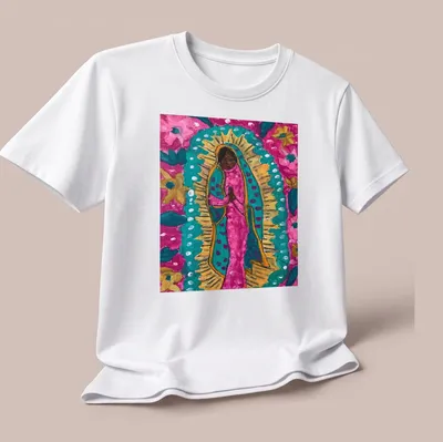Vibrant floral print of the Black Madonna with colorful flowers. — printed on a unisex t-shirt (angled view)