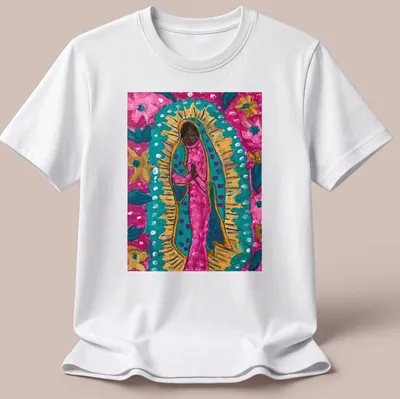 Vibrant floral print of the Black Madonna with colorful flowers.
