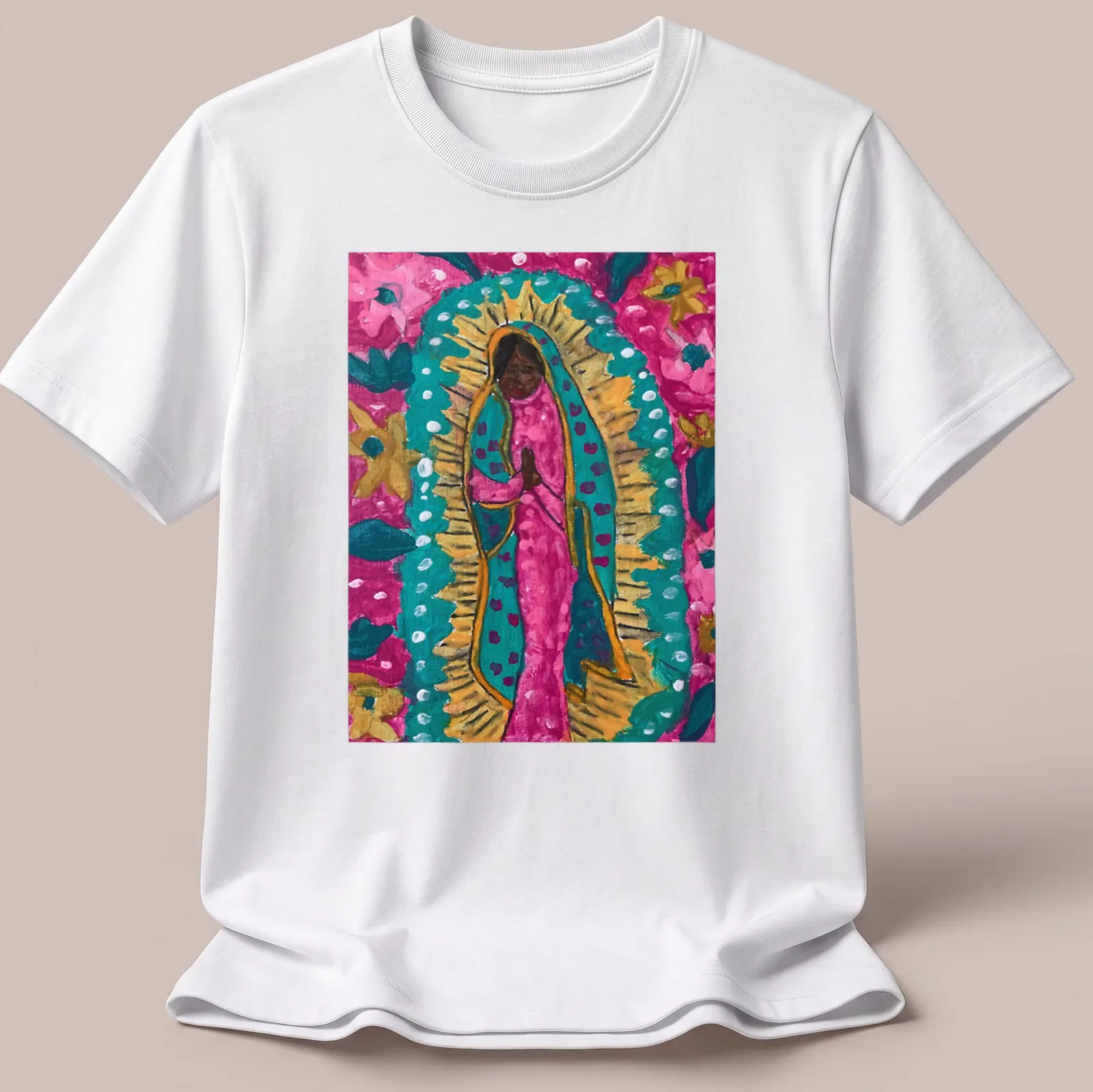Vibrant floral print of the Black Madonna with colorful flowers. — printed on a unisex t-shirt