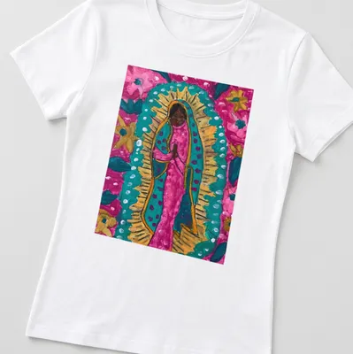 Vibrant floral print of the Black Madonna with colorful flowers. — printed on a women's shirt