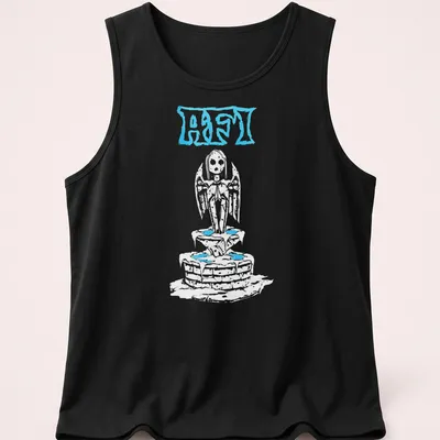 A sketch of an angel statue with the text ABST in light blue, white, and gray. — printed on a tank top