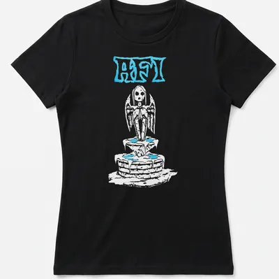 A sketch of an angel statue with the text ABST in light blue, white, and gray. — printed on a women's shirt