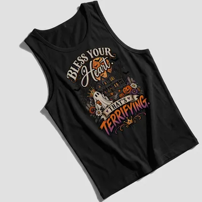 Vintage Halloween shirt featuring a crowned ghost, haunted house, and pumpkins. — printed on a tank top