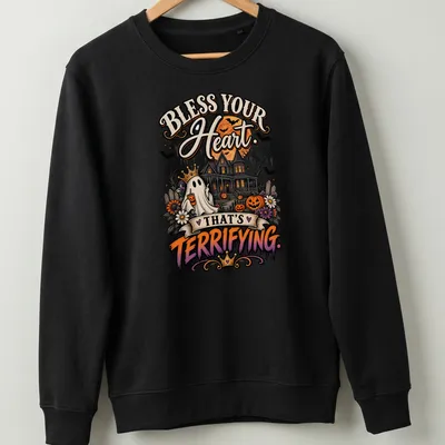 Vintage Halloween shirt featuring a crowned ghost, haunted house, and pumpkins. — printed on a unisex sweatshirt
