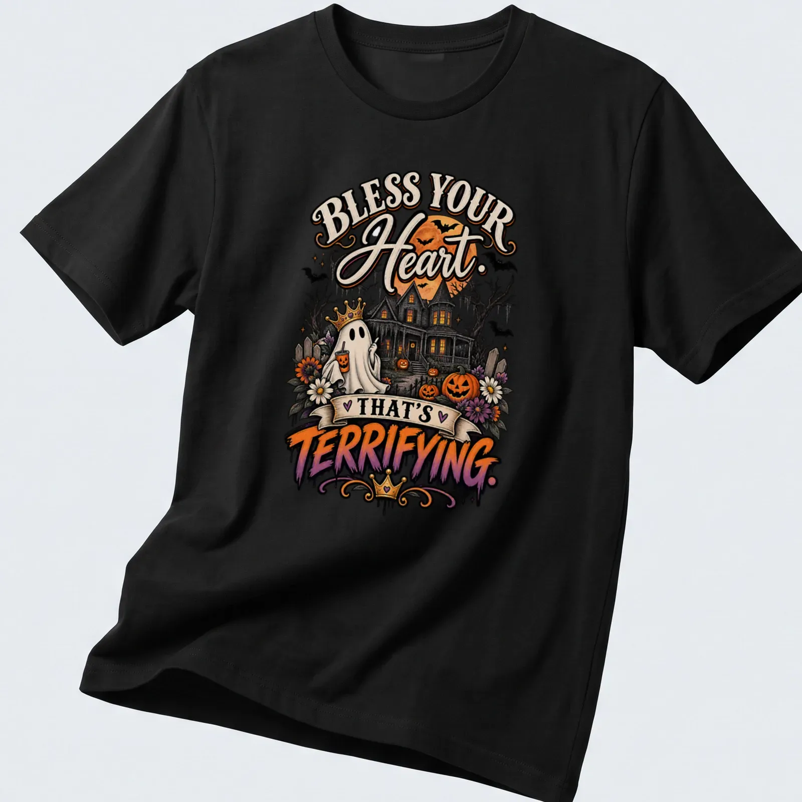 Vintage Halloween shirt featuring a crowned ghost, haunted house, and pumpkins. — printed on a unisex t-shirt