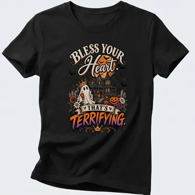Vintage Halloween shirt featuring a crowned ghost, haunted house, and pumpkins. — printed on a women's shirt