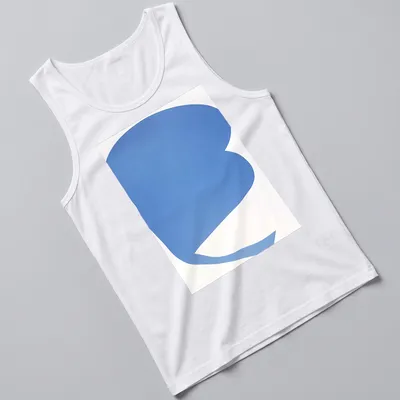 Minimalist t-shirt featuring an abstract blue shape on a white background — printed on a tank top