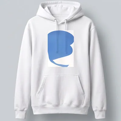 Minimalist t-shirt featuring an abstract blue shape on a white background — printed on a unisex hoodie