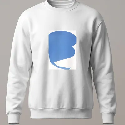 Minimalist t-shirt featuring an abstract blue shape on a white background — printed on a unisex sweatshirt