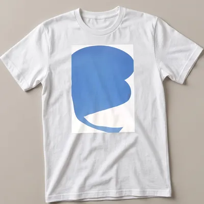 Minimalist t-shirt featuring an abstract blue shape on a white background — printed on a unisex t-shirt