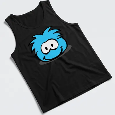 Cartoon blue puffle character with cute face design — printed on a tank top