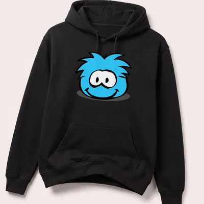 Cartoon blue puffle character with cute face design — printed on a unisex hoodie
