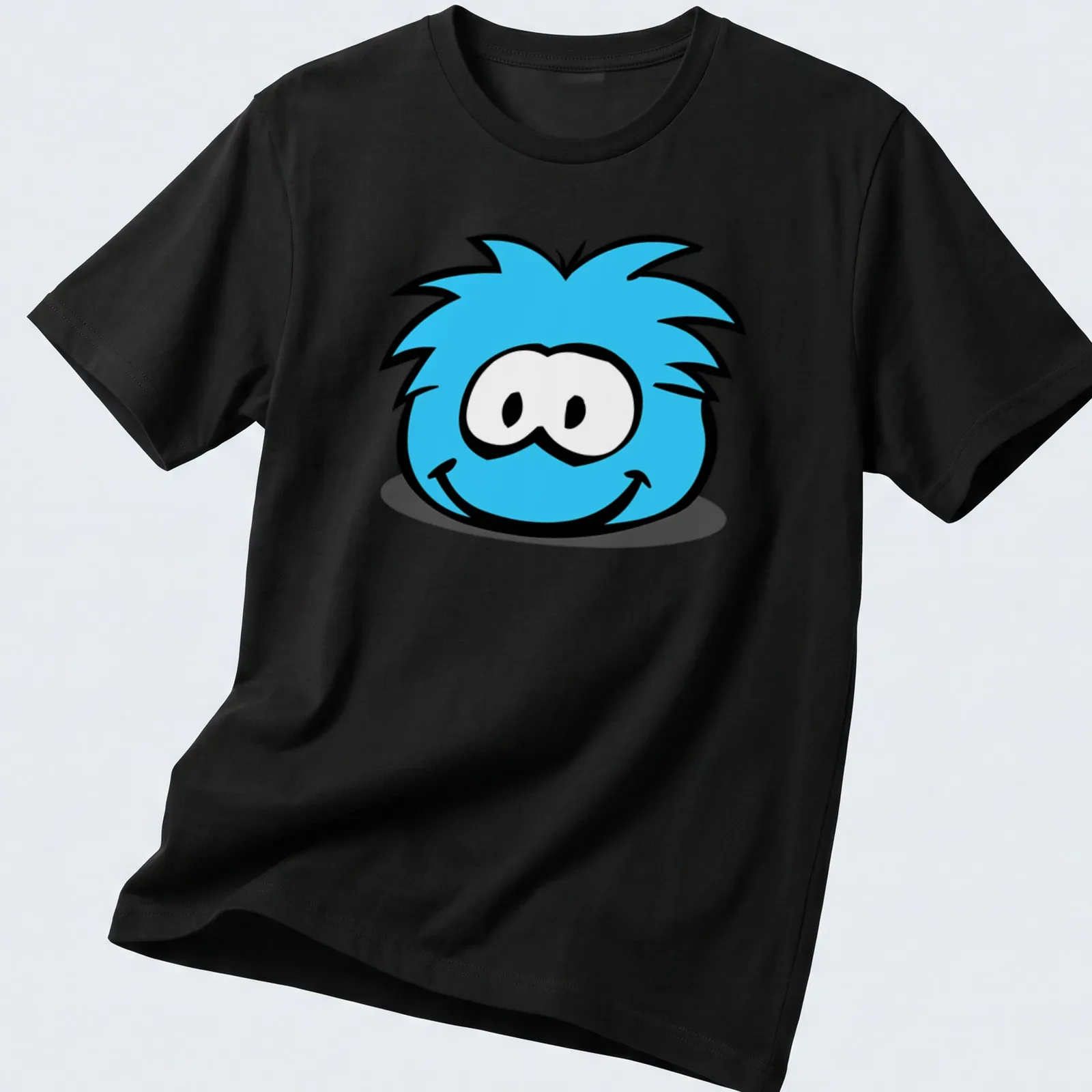 Cartoon blue puffle character with cute face design — printed on a unisex t-shirt