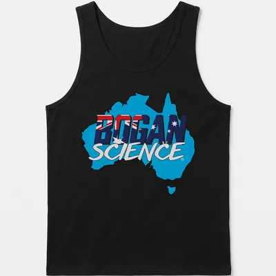 Bold graphic design of Australia map with 'Bogan Science' text in blue, red, white — printed on a tank top