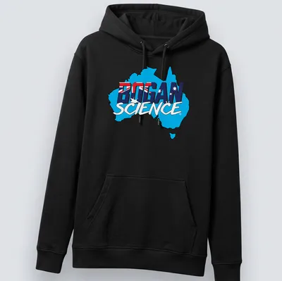 Bold graphic design of Australia map with 'Bogan Science' text in blue, red, white — printed on a unisex hoodie