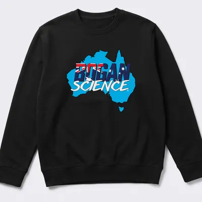 Bold graphic design of Australia map with 'Bogan Science' text in blue, red, white — printed on a unisex sweatshirt