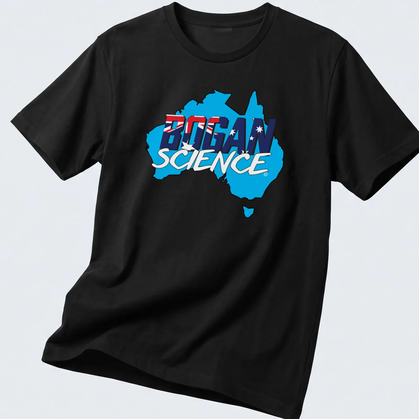Bold graphic design of Australia map with 'Bogan Science' text in blue, red, white — printed on a unisex t-shirt
