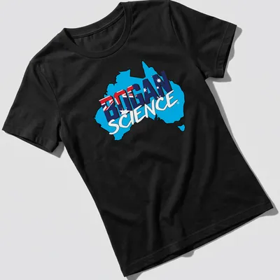 Bold graphic design of Australia map with 'Bogan Science' text in blue, red, white — printed on a women's shirt