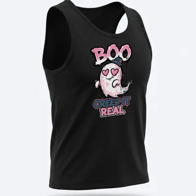 Cute ghost graphic with the text Boo Creep It Real in kawaii style — printed on a tank top