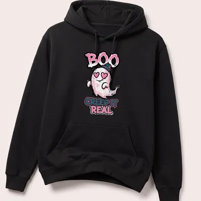 Cute ghost graphic with the text Boo Creep It Real in kawaii style — printed on a unisex hoodie