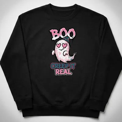Cute ghost graphic with the text Boo Creep It Real in kawaii style — printed on a unisex sweatshirt