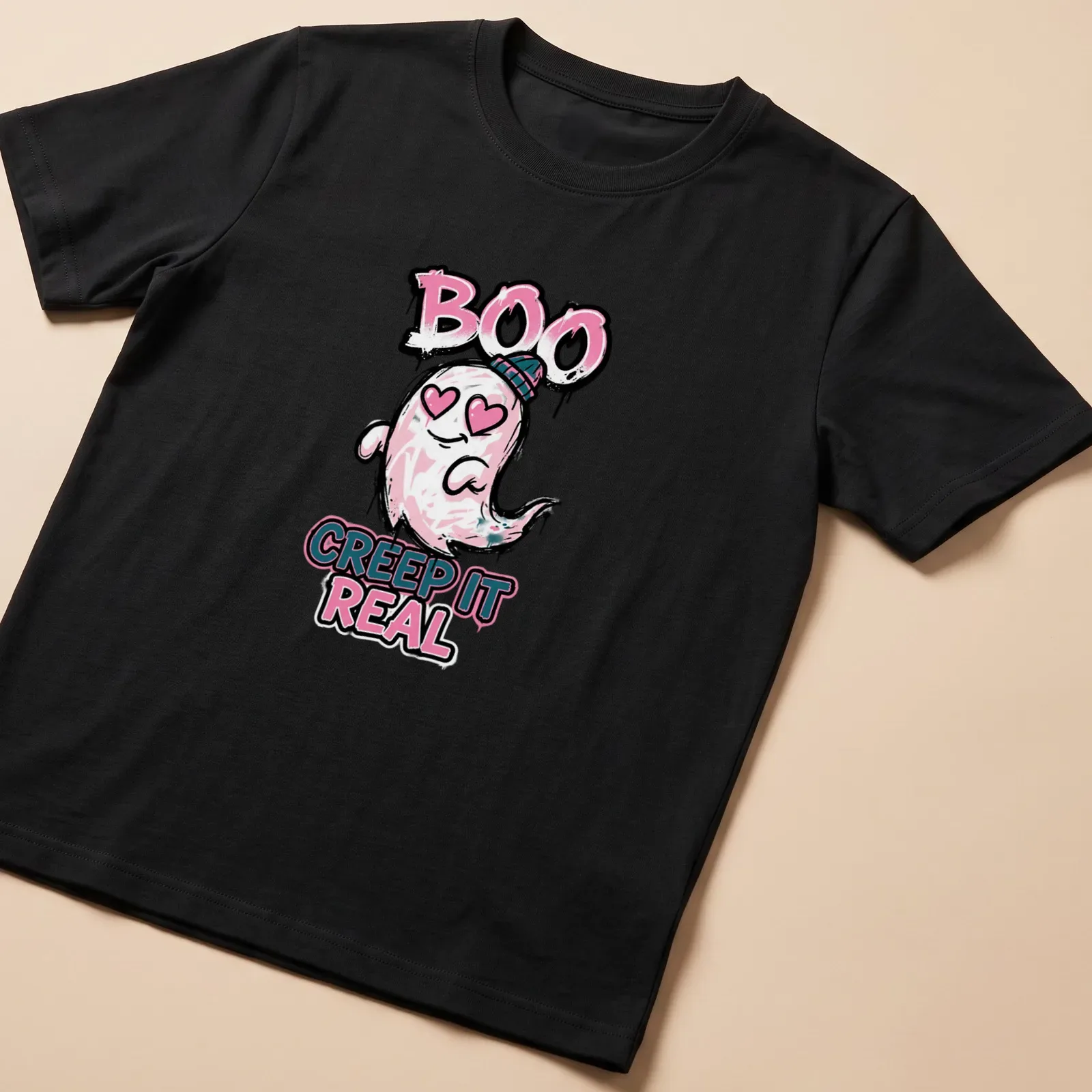 Cute ghost graphic with the text Boo Creep It Real in kawaii style — printed on a unisex t-shirt