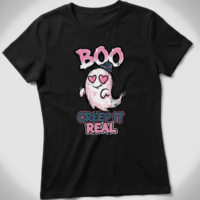 Cute ghost graphic with the text Boo Creep It Real in kawaii style — printed on a women's shirt