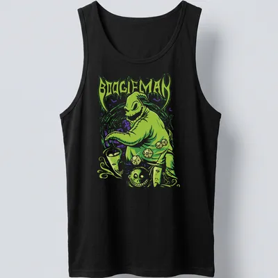 Creepy cute illustration of a green monster with the text BOOGIEMAN above. — printed on a tank top