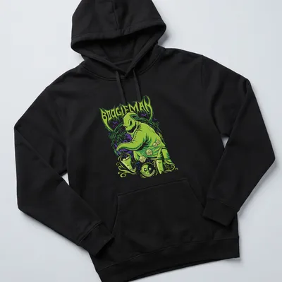Creepy cute illustration of a green monster with the text BOOGIEMAN above. — printed on a unisex hoodie