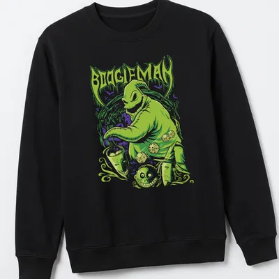 Creepy cute illustration of a green monster with the text BOOGIEMAN above. — printed on a unisex sweatshirt