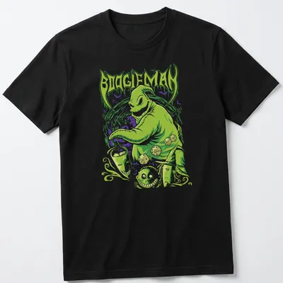 Creepy cute illustration of a green monster with the text BOOGIEMAN above.