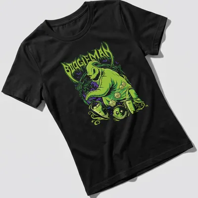 Creepy cute illustration of a green monster with the text BOOGIEMAN above. — printed on a women's shirt