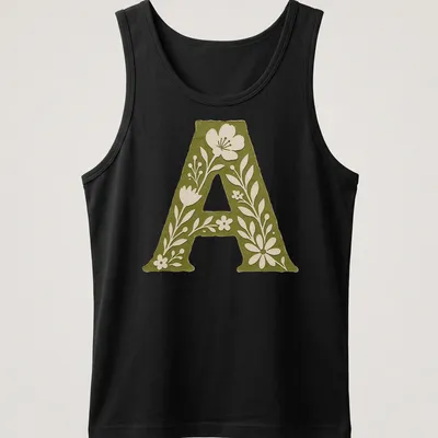 Vintage botanical Letter A T-shirt with floral elements in green and white — printed on a tank top
