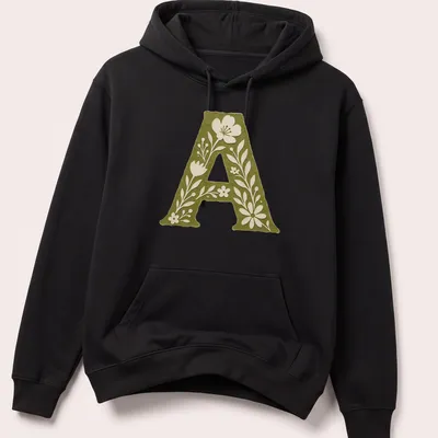 Vintage botanical Letter A T-shirt with floral elements in green and white — printed on a unisex hoodie