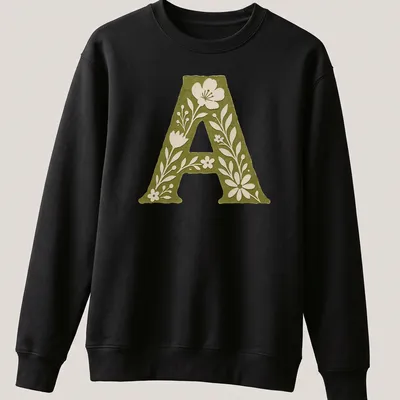 Vintage botanical Letter A T-shirt with floral elements in green and white — printed on a unisex sweatshirt