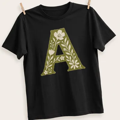 Vintage botanical Letter A T-shirt with floral elements in green and white