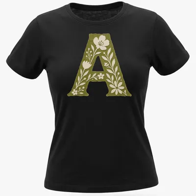 Vintage botanical Letter A T-shirt with floral elements in green and white — printed on a women's shirt