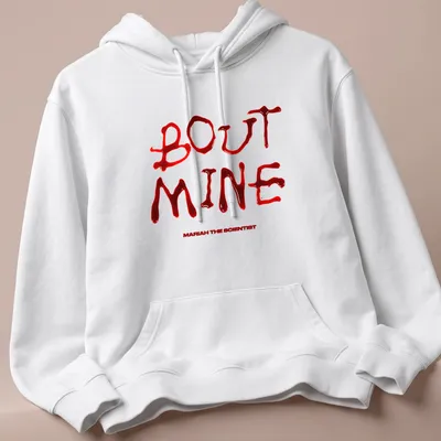 Bold blood typography T-shirt featuring 'BOUT MINE MARIAH THE SCIENTIST' in red and white — printed on a unisex hoodie