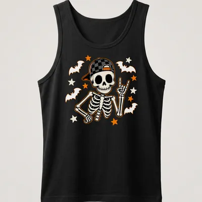 Cartoon skeleton rockstar in black, white, orange, yellow, and gray for Halloween — printed on a tank top
