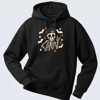 Cartoon skeleton rockstar in black, white, orange, yellow, and gray for Halloween — printed on a unisex hoodie