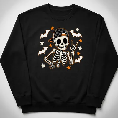 Cartoon skeleton rockstar in black, white, orange, yellow, and gray for Halloween — printed on a unisex sweatshirt