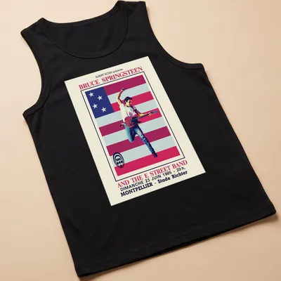 Vintage concert T-shirt featuring Bruce Springsteen and E Street Band details in red, white, blue, and black. — printed on a tank top