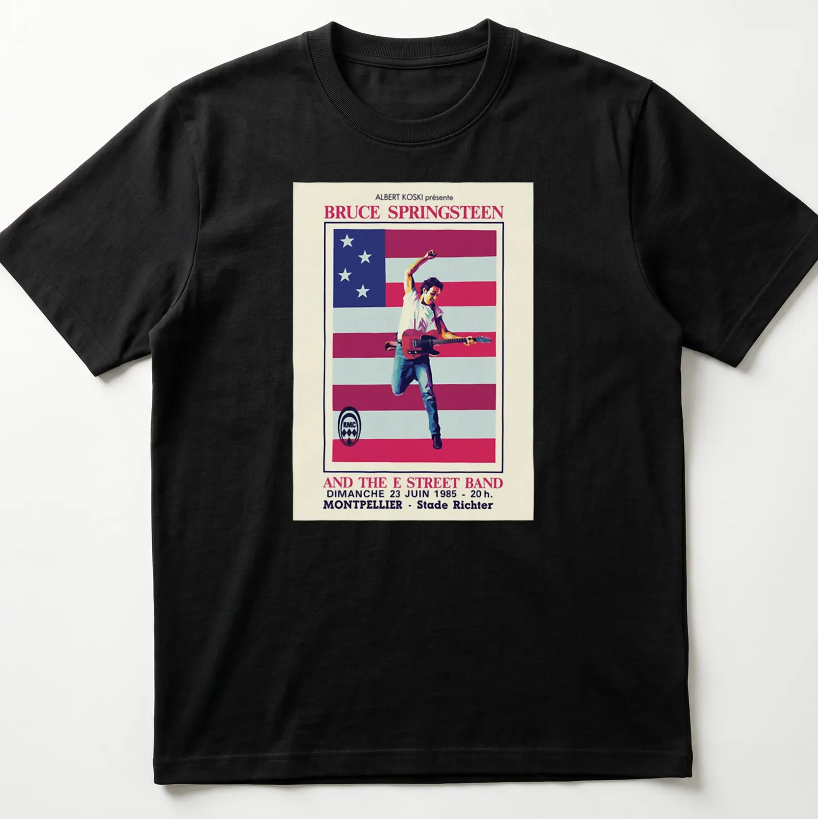 Vintage concert T-shirt featuring Bruce Springsteen and E Street Band details in red, white, blue, and black. — printed on a unisex t-shirt