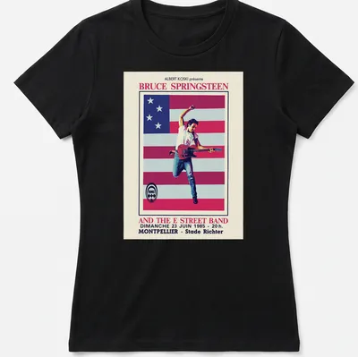 Vintage concert T-shirt featuring Bruce Springsteen and E Street Band details in red, white, blue, and black. — printed on a women's shirt